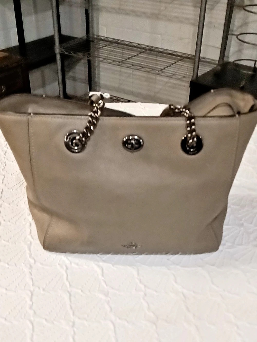 Coach Turnlock Chain Tote Taupe Tote Bag